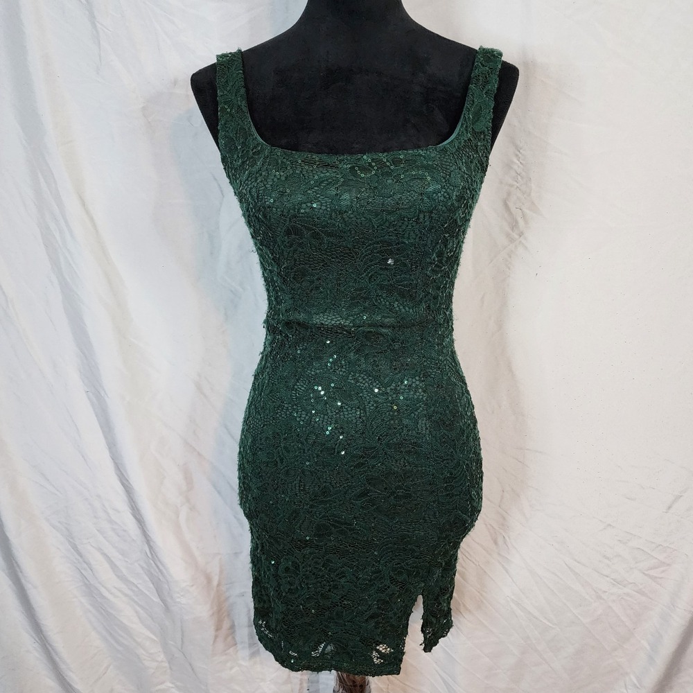 B. DARLIN Size 1/2 Dark Green Juniors Sequin Lace Square Neck Bodycon Mini Dress